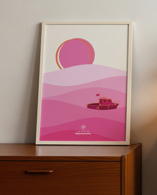 Affiche bateau coucher de soleil méditerranéen 50x70cm