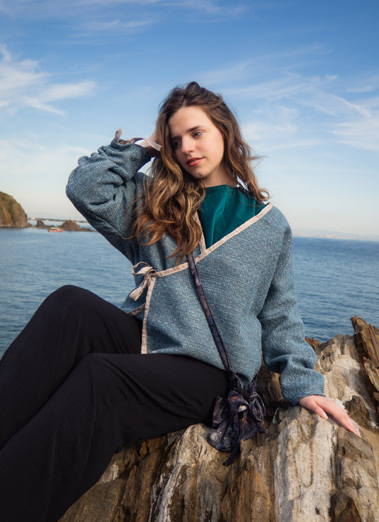 Kimono court upcyclé – veste femme unique fait main