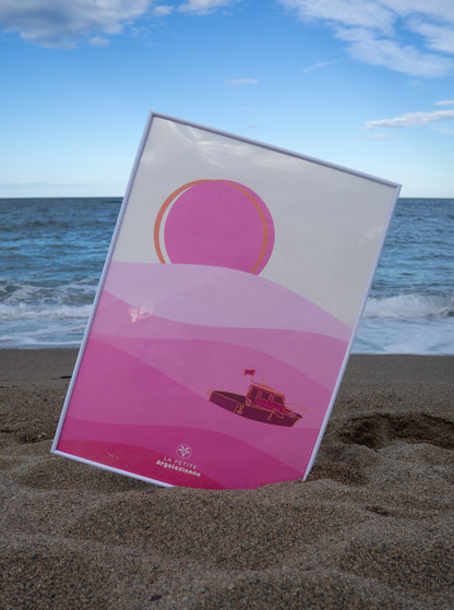 Affiche bateau coucher de soleil méditerranéen 50x70cm