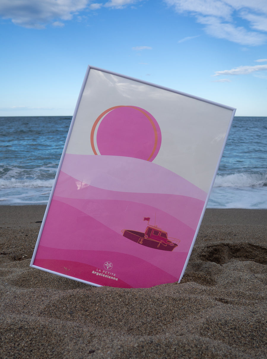 Affiche bateau coucher de soleil méditerranéen 50x70cm